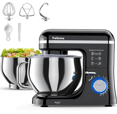 Produktbild von Küchenmaschine - Standmixer - 5 l + 3,3 l Edelstahlschüsseln - 10 Geschwindigkeiten - Knethaken, Rühr- und Schneebesen - Für Brot und Kuchen