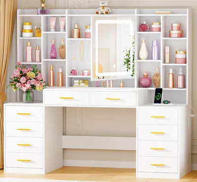 Zdjęcie produktu dla Toaletka z lustrem – idealna do przechowywania kosmetyków – z 3 trybami oświetlenia – wymiary: 150 x 145 cm – biała