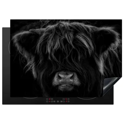 Produktbild von KitchenYeah© Herdabdeckplatte Schottischer Highlander - Kuh - Schwarz - Weiß - Porträt , 75x52cm, Küche Deko, Glaskeramikkochfeld Herdabdeckung, Abdeckplatte fùr Kochfeld