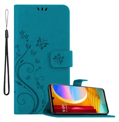 A teal flip case for a smartphone, decorated with a floral and butterfly pattern, is shown open with a smartphone inside. A wrist strap is attached to the side of the case.