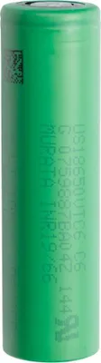 A single green battery with text and a logo printed on it, set against a white background.