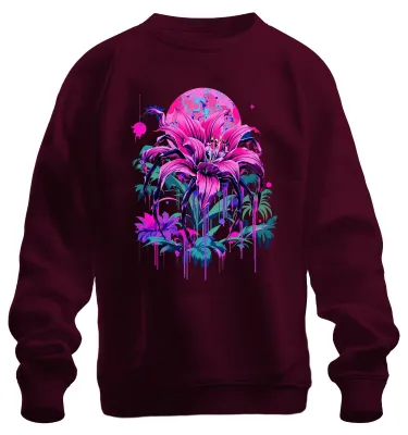 Immagine prodotto di Maglietta unisex a maniche lunghe, stile felpa, con stampe che richiamano: spine di fiori di giglio, alieni, rosa neon, graffiti, gocce, stile retrò, cyberpunk, Giappone