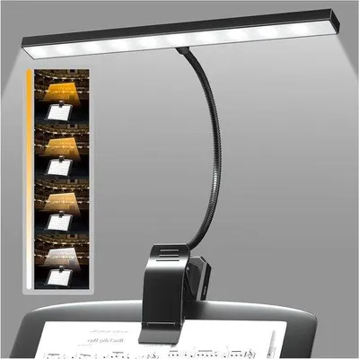 Zdjęcie produktu dla Stojak na nuty z lampką – lampka do czytania, mocowana zaciskiem – oświetlenie do nut – 30 diod LED, regulowane – ładowanie przez USB – kolor czarny