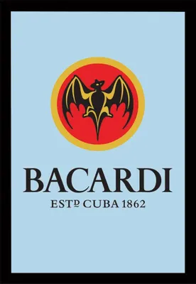 Bacardi logo and text on a light blue background.