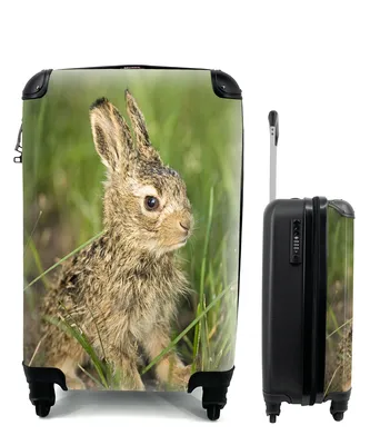 Produktbild von MuchoWow® Koffer Handgepäck Trolley Rollkoffer Kleine Reisekoffer mit 4 Rollen - Hase - Baby - Garten - Cabin Size < 55x40x23 cm & 55x40x20 cm - Fotokoffer - Kabinenkoffer - Boardgepäck - Reise-Box - Reisekoffer - Reisegepäck - Koffer mit Bild - Trolley für Kinder