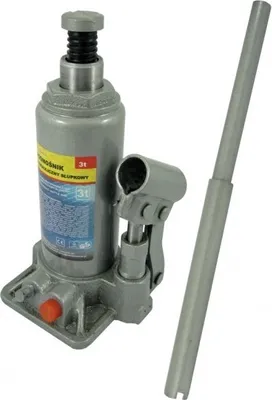 A hydraulic bottle jack with its operating handle, shown against a white background.