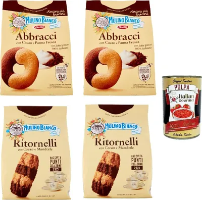 Produktbild von Testpaket Mulino Bianco Abbracci und Ritornelli Shortbread-Kekse mit Kakao und frischer Sahne, ohne Palmöl, geschmacksintensives Frühstück 4x 700 g + Italian gourmet polpa 400g