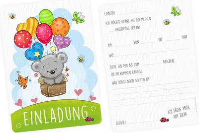 Produktbild von 10 Einladungskarten Teddy Luftballons inkl. 10 transparenten Briefumschlägen