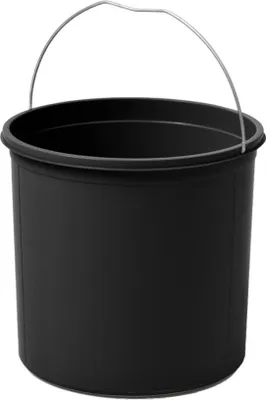 A black bucket with a metal handle is shown against a white background.