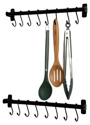 Produktbild von Küchenutensilienhalter und Organizer – 2er-Set – Wandmontiertes Pfannenregal – 16 Aufhängehaken – Schwarz