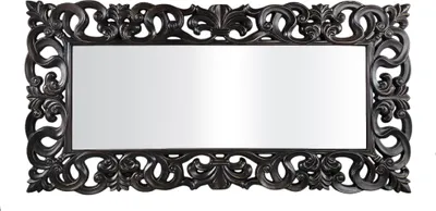 A rectangular mirror with an ornate, dark frame, presented against a white background.