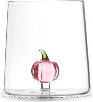 Produktbild von Klares Borosilikatglas mit Miniatur-Kürbisverzierung in Rosa