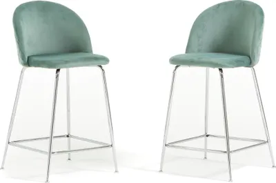 Immagine prodotto di Set di 2 sgabelli da interno in velluto imbottito con gambe in metallo - design moderno ed elegante, ideale per isole cucina e zone pranzo - SARA XL - Verde giada/argento