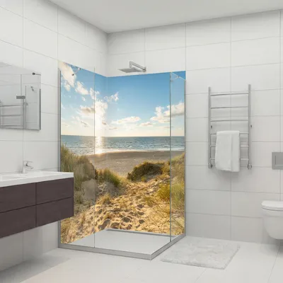 Produktbild von dedeco Eck-Duschrückwände Aluminium Aluminium wasserfest Motiv: Dünengras V4, 2 x 90x210x0,3cm, Fliesenersatz fugenlos Wandverkleidung Wandpaneele,  Germany