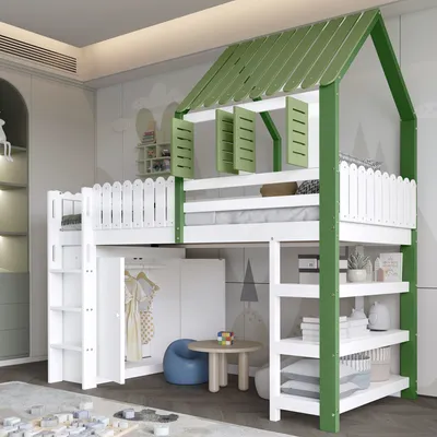Produktbild von Flieks Etagenbett 90x200cm mit Schaltbaren Fenstern, Kinderbett Hausbett mit Kleiderschrank & Ablagen, Hochbett mit Lattenrost & Rausfallschutz, Weiß