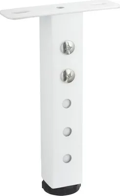 A white adjustable furniture leg with a mounting plate and screws.