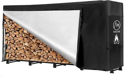 Productafbeelding van Buitenopslag voor hout, met waterdichte afdekking en draagtas. Metalen houtrek, 120 x 116,8 x 35,1 cm, voor het opslaan van hout, geschikt voor buiten gebruik. (Zwart, 8FT)