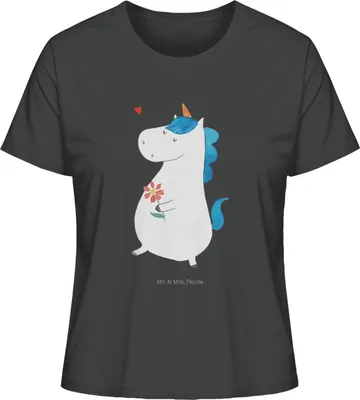 Produktbild von Mr. & Mrs. Panda Oberteil Damen Einhorn Spaziergang Größe M - Anthrazit - Geschenk, Basic T-Shirt, Gute Laune, Kurzarmshirt, Mutter, Unicorn, Blumen, Shirt, Einhörner