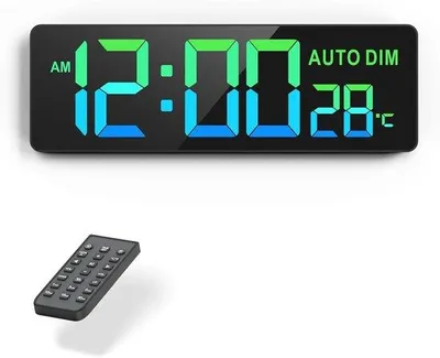 Image de Horloge murale numérique à LED 16,5 pouces, 12 couleurs, affichage de la température, minuterie, variateur d'intensité, télécommande