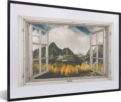 Produktbild von MuchoWow® Gerahmtes Poster Aussicht - Berg - Herbst 60x40 cm - Poster mit Schwarzem Bilderrahmen Wandposter Rahmen Foto Bilder - Schlafzimmer - Plakat in Rahmen - Drucken