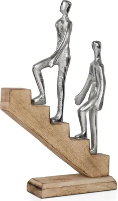 Obrázek produktu pro Moderní dekorativní figurální schodišťový výjev z hliníku na podstavci z mangového dřeva - 2 osoby na schodech - symbolická socha pro motivaci k soudržnosti a důvěře - 20 x 7,5 x 32,5 cm
