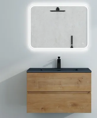 Produktbild von Mai & Mai Badmöbel-Set Waschtisch mit Unterschrank Mineralguss Waschbecken in Anthrazit Waschbeckenunterschrank 80x48x50cm Kerneiche 2-Schubladen Soft-Close inkl. LED-Spiegel Aqualis