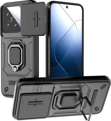 Obrázek produktu pro Pouzdro pro Xiaomi 14 dvouvrstvé pouzdro s posuvnou ochranou kamery a držákem prstenu, stojánek černé