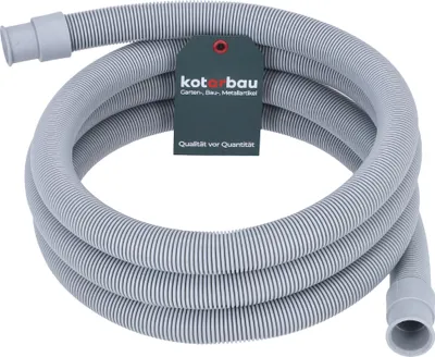 A coiled gray corrugated hose with gray connectors on both ends, and a dark gray tag attached to it.