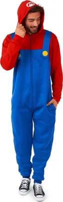 A man wearing a Mario-themed onesie.