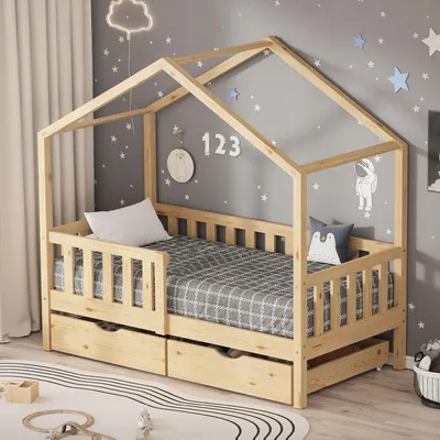 Produktbild von ML-Design Kinderbett Hausbett 70x140 cm Natur mit 2 Schubladen Holzbett mit Rausfallschutz Lattenrost und Dach, Spielbett aus Kiefernholz, Bodenbett