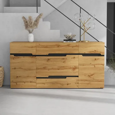 Productafbeelding van Dressoir, hout en zwart, 2 deuren en 4 lades, 160x40x80 cm