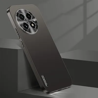 A dark gray smartphone case with a circular camera module is shown at an angle, leaning against a dark gray block. The background is a gradient of dark gray.