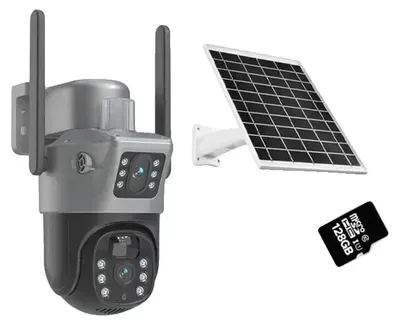 Zdjęcie produktu dla Zewnętrzna kamera monitorująca, rozdzielczość 4K, podwójny obiektyw, Wi-Fi. Dodaj kartę 128 GB