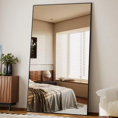 Immagine prodotto di Specchio a figura intera con supporto, 102x218 cm, nero. Specchio da parete infrangibile, da appoggiare o da appendere