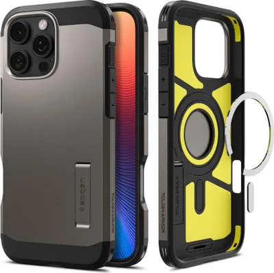 Produktbild von Spigen Tough Armor MagSafe Hlle mit Stnder fr iPhone 16 Pro - Gunmetal