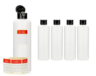Immagine prodotto di 5 x 250 ml bottiglie plastica tondo di HDPE con tappo copertina apribile nero
