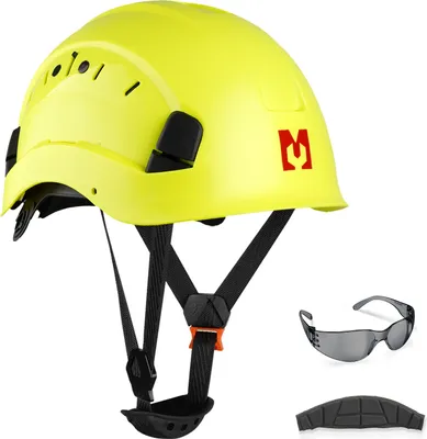 A yellow safety helmet with black straps and a red logo, along with safety glasses and a padded strap, displayed against a white background.