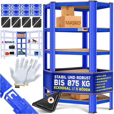 Produktbild von MASKO® Eckregal Lagerregal Schwerlastregal, Kellerregal, 180x75x40cm , bis 875 kg, 5 verstellbare Ablagen, MDF-Platten Regal aus Metall, Steckregal, Werkstattregal, Keller, Garage