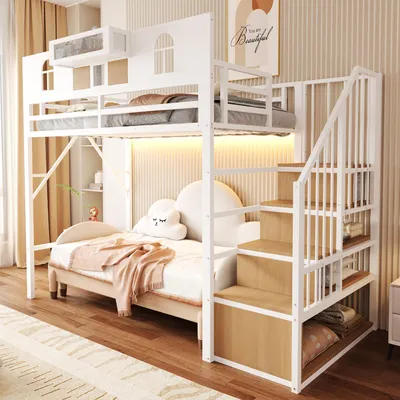 Produktbild von MODFU Metall-Hochbett 90 x 200 mit Matratze und Stauraumleiter,Jugendbett mit LED und Aufbewahrungsschrank,modernes Kinderbett mit Stauraum,Weiß