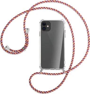 Produktbild von Handykette Backcover-Schutzhülle mit Band (Metall silberfarben) für Apple iPhone 11 - weinrot/gelb/grau