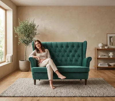 Produktbild von Zweisitzer-Sofa DIANA Royal – Gesteppte Rückenlehne, Velours in Türkis, Family Meble, KI-generiertes Bild