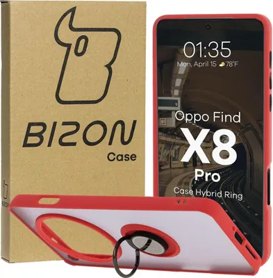 Produktbild von Bizon Case Hybrid Ring Fingerring Hülle für Oppo Find X8 Pro, Rauch mit rotem Rahmen
