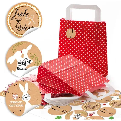 Produktbild von 24 kleine rot weiß gepunktete Papiertüten Geschenktüte 18 x 8 x 22 cm kleine Papiertaschen + 24 Oster-Aufkleber beige natur Kraftpapier FROHE OSTERN Verpackung Ostergeschenke give-awayOsteraufkleber beige Kraftpapier