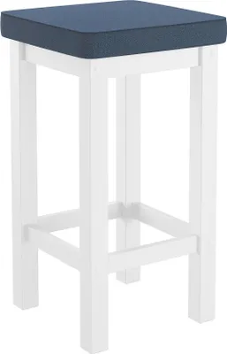 A white wooden bar stool with a blue upholstered seat is shown against a white background.
