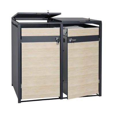 Produktbild von 2er Mülltonnenverkleidung HWC-J82, Mülltonnenbox, erweiterbar, Metall 50kg, anthrazit  Buche-Holzoptik hellbraun