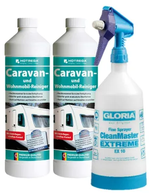 Produktbild von HOTREGA Caravan & Wohnmobil Reiniger Konzentrat 2x 1L + Sprühflasche 1L Wohnwagen-Reiniger, Textil-Reiniger, Kunststoff-Reiniger