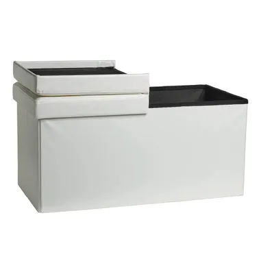 A white fabric storage ottoman with a black interior is shown against a white background.