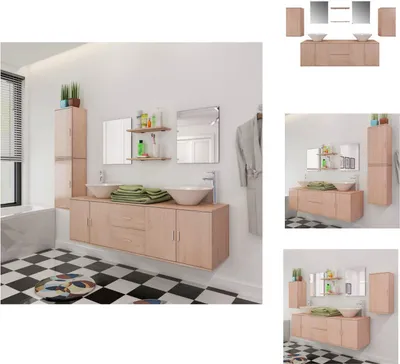 Produktbild von vidaXL 9-tlg. Badmöbel und Waschbecken Set Beige -  Badezimmermöbel-Sets