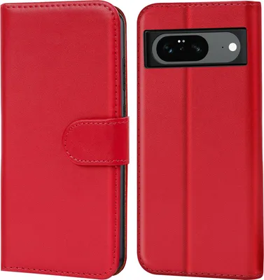 A red book-style phone case for a Google Pixel 8 is shown.
