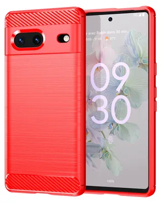 A red phone case is shown next to a Google Pixel 7 phone.